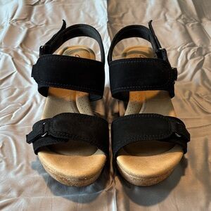 Clarks Collection Black Nubuck Cork Wedge Sandals